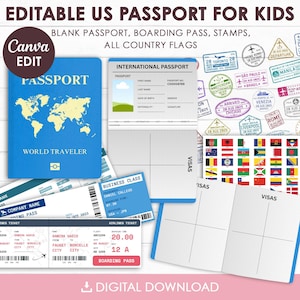 Pasaportes estadounidenses editables para niños, Pasaporte para niños para jugar, viajar y aprender, Plantilla de tarjeta de embarque, Sellos, Imprimible, Canva editable