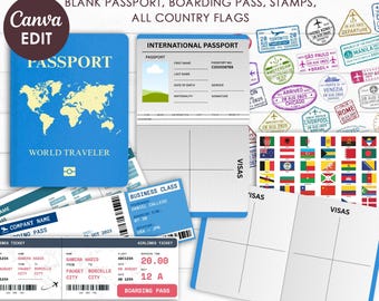 Editable Us Passports for Kids, Passport for Kid for Playing Travel and Learning, Boarding Pass Template, Stamps, Printable, Canva Editable