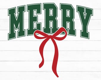 May include: A Christmas design with the word "MERRY" in green block letters with white outlines, and a red bow. The text "CHRISTMAS DESIGN" is at the top. The bottom includes file type options: SVG, PNG, DXF, PDF, EPS, AI.