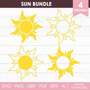May include: A digital design bundle featuring four yellow sun designs. The text "SUN BUNDLE" is at the top, with "4 DESIGNS" in a pink box. The bottom includes file type options: SVG, PNG, DXF, PDF, EPS, AI, and "DIGITAL DOWNLOAD."