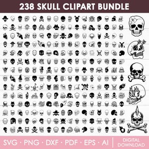 Op de afbeelding: Een digitale downloadbundel met 238 schedel clipart ontwerpen in zwart en wit. De illustraties tonen schedels met kruisbeenderen, bloemen en vlammen. De tekst geeft de bestandsformaten aan: SVG, PNG, DXF, PDF, EPS en AI.