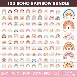 Paquete de 100 Svg de arcoíris boho, Svg de arcoíris lindo, Clipart de arcoíris boho, Svg de arcoíris, Arcoíris dibujado a mano, Pegatinas boho, Png, Descarga digital