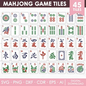 Könnte beinhalten: Eine Sammlung von 45 Mahjong-Spielsteinen in einem Raster, die verschiedene Farben und Symbole wie Punkte, Bambus, Schriftzeichen, Winde, Drachen, Blumen und einen Joker-Stein zeigen. Die Steine sind weiß mit farbigen Illustrationen.