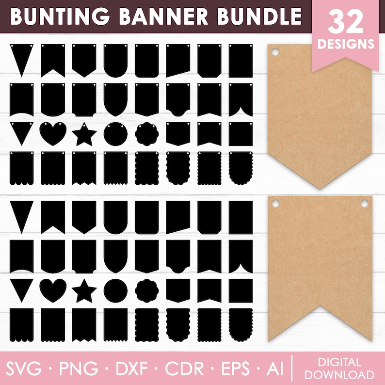 May include: A digital download bundle of 32 bunting banner designs in various shapes, including triangles, hearts, and stars. The designs are black silhouettes. Two blank brown paper banners are also shown. The text "BUNTING BANNER BUNDLE" and file type options are displayed.