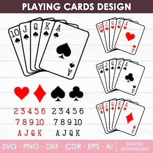 K&ouml;nnte beinhalten: Schwarz-wei&szlig;es Spielkarten-Design-Template mit den Zahlen 2 bis 10, Bube, Dame, K&ouml;nig und Ass. Die Farben sind Herz, Karo, Pik und Kreuz. Das Design beinhaltet ein Kartenset mit den Farben und Zahlen sowie ein Kartenset mit den Farben und den Buchstaben J, Q, K und A.