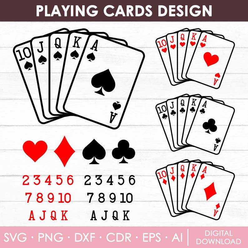 K&ouml;nnte beinhalten: Schwarz-wei&szlig;es Spielkarten-Design-Template mit den Zahlen 2 bis 10, Bube, Dame, K&ouml;nig und Ass. Die Farben sind Herz, Karo, Pik und Kreuz. Das Design beinhaltet ein Kartenset mit den Farben und Zahlen sowie ein Kartenset mit den Farben und den Buchstaben J, Q, K und A.