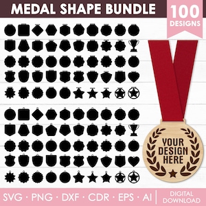 Pacote de SVG com formato de medalha, arquivo de corte a laser para medalhas, designs de medalhas de madeira, padrão de formato de prêmio, medalhas em branco, arquivo de corte a laser, faça você mesmo, download instantâneo