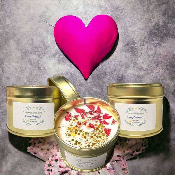 Gold Tin Candle 4oz with Rose Petals&Gold Glitter. Cinnamon, Clove and Ornage scented candle.