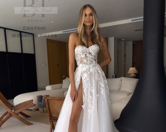 Off White Lace Tulle A-Line Wedding Dress with Sweetheart Neckline ,Simple Corset Sleeve Lace Floral Bridal Gown ,Formal Bridal Dress