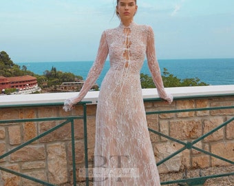 Boho Lace Wedding Dress, Boho Mermaid Wedding Dress With Long Sleeves, Unique And Modern Wedding Dress ,Made To Order Wedding Dress