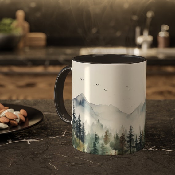 Watercolor Mountain Mug, Evergreen, Nature Lover, Outdoor Mug, Hiking Mug, Campfire, Adventure Mug