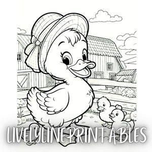 May include: A black and white line drawing of a duck wearing a hat and walking with two ducklings. The ducklings are smaller than the mother duck and are following behind her. The background shows a farm scene with a barn and a fence.