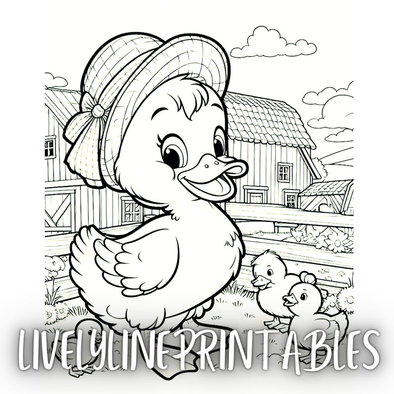 May include: A black and white line drawing of a duck wearing a hat and walking with two ducklings. The ducklings are smaller than the mother duck and are following behind her. The background shows a farm scene with a barn and a fence.