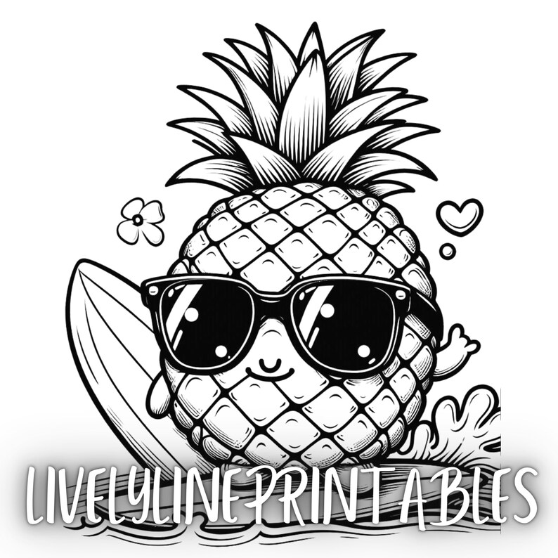 Op de afbeelding: Zwart-witte lijntekening van een ananas met een zonnebril die op een surfboard rijdt. De ananas heeft een vrolijke uitdrukking en is omringd door golven.