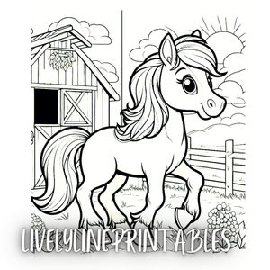 May include: A black and white line drawing of a horse standing in front of a barn. The horse has a long mane and tail. The barn has a wooden door and a hayloft. The scene is set in a rural setting with a fence and flowers.