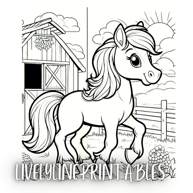 May include: A black and white line drawing of a horse standing in front of a barn. The horse has a long mane and tail. The barn has a wooden door and a hayloft. The scene is set in a rural setting with a fence and flowers.