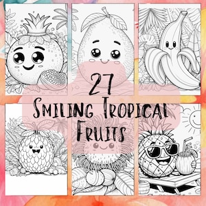 Op de afbeelding: Een set van 27 zwart-wit kleurplaten met glimlachende tropische vruchten. De platen bevatten een ananas, een banaan, een granaatappel, een guave, een rambutan en een lychee.