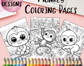 Printable Monkey Coloring Pages - Collection of 12 Cute Monkeys, Kids Coloring Sheets, Instant Download, Big-Eyed Animal