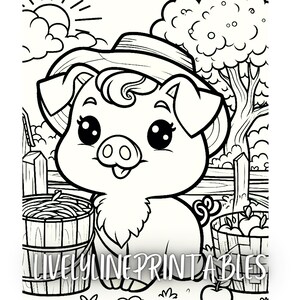 May include: A black and white line drawing of a pig wearing a hat and standing next to a barrel of apples. The pig is smiling and has large eyes. The pig is in a farmyard setting with a fence and a tree in the background.