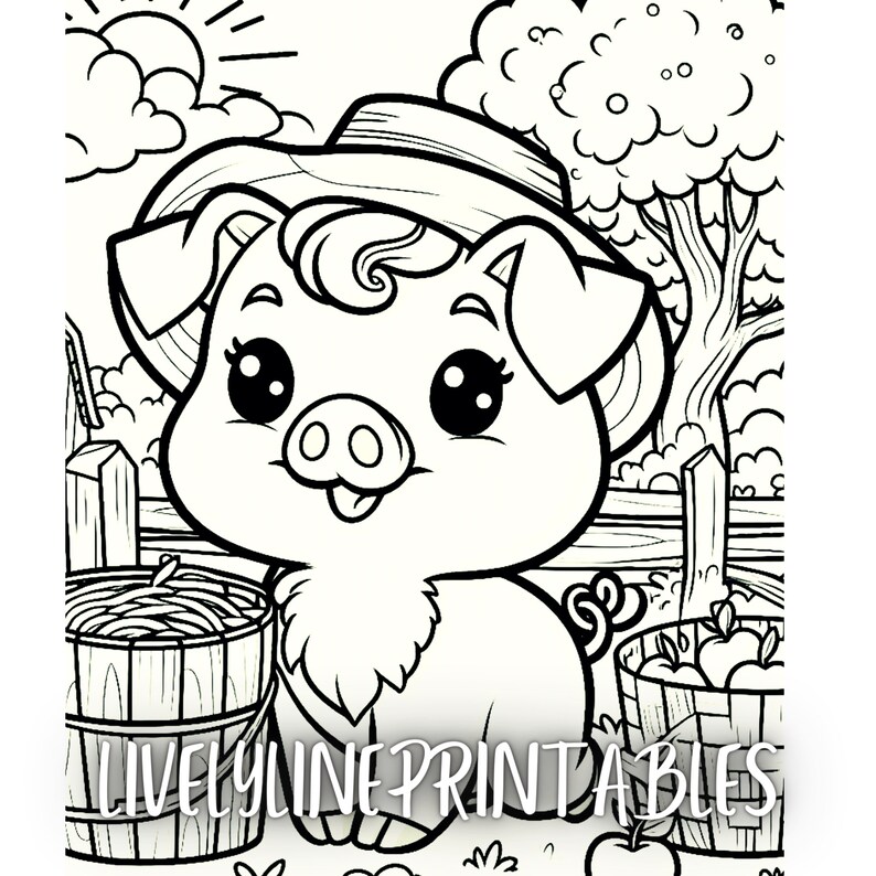 May include: A black and white line drawing of a pig wearing a hat and standing next to a barrel of apples. The pig is smiling and has large eyes. The pig is in a farmyard setting with a fence and a tree in the background.