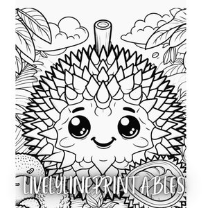 Op de afbeelding: Zwart-witte lijntekening van een durianfruit met een schattig cartoon gezicht. De durian is omringd door bladeren en wolken.