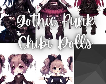 Gothic Punk Chibi Doll Digital Download, Transparent background, Commercial Use, 300 DPI, Sublimation svg, Junk Journal Inspo,