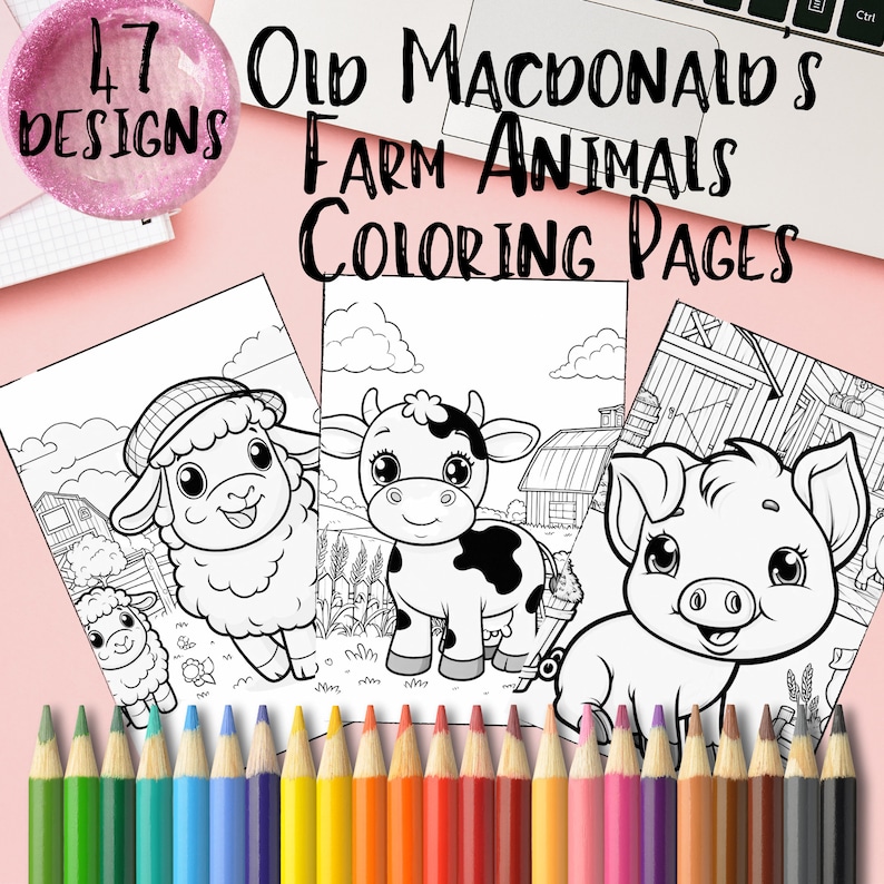 May include: A set of 17 black and white colouring pages featuring farm animals. The animals include a cow, pig, and sheep. The pages are perfect for children who love to colour.
