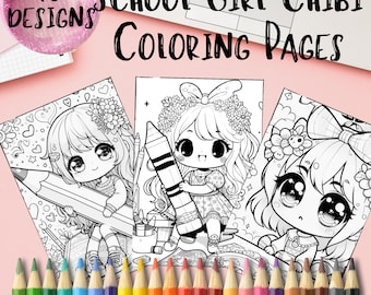 10 coloriages à imprimer de chibi écolière | PDF CMJN | Téléchargement numérique instantané | Activité artistique pour adultes