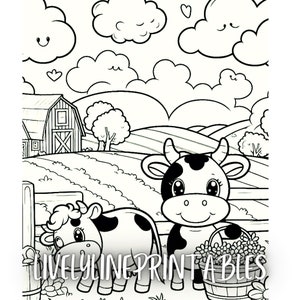 May include: A black and white colouring page featuring two cows in a field with a barn in the background. The cows are smiling and have big eyes. There are clouds in the sky with hearts and smiley faces. The text "LIVELYLINE PRINTABLES" is at the bottom of the page.