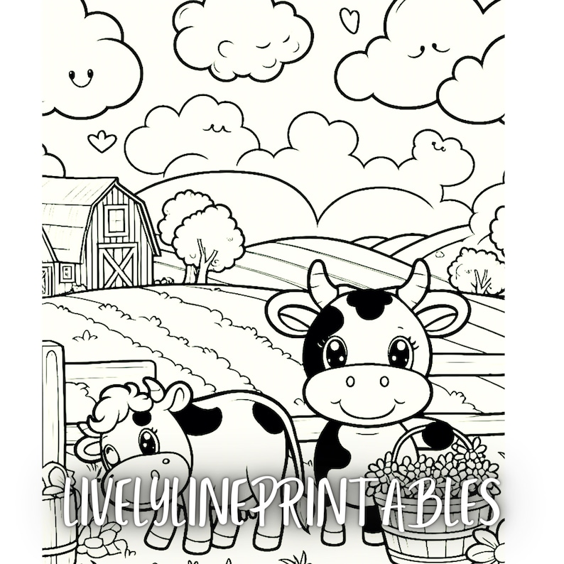 May include: A black and white colouring page featuring two cows in a field with a barn in the background. The cows are smiling and have big eyes. There are clouds in the sky with hearts and smiley faces. The text "LIVELYLINE PRINTABLES" is at the bottom of the page.