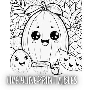 Op de afbeelding: Een zwart-witte lijntekening van een verscheidenheid aan fruit met schattige cartoongezichten. Het fruit omvat een ​​watermeloen, een ananas, een papaja, een kiwi en een kokosnoot. De tekening is op een witte achtergrond en bevat de tekst "LIVELYLINE PRINTABLES".