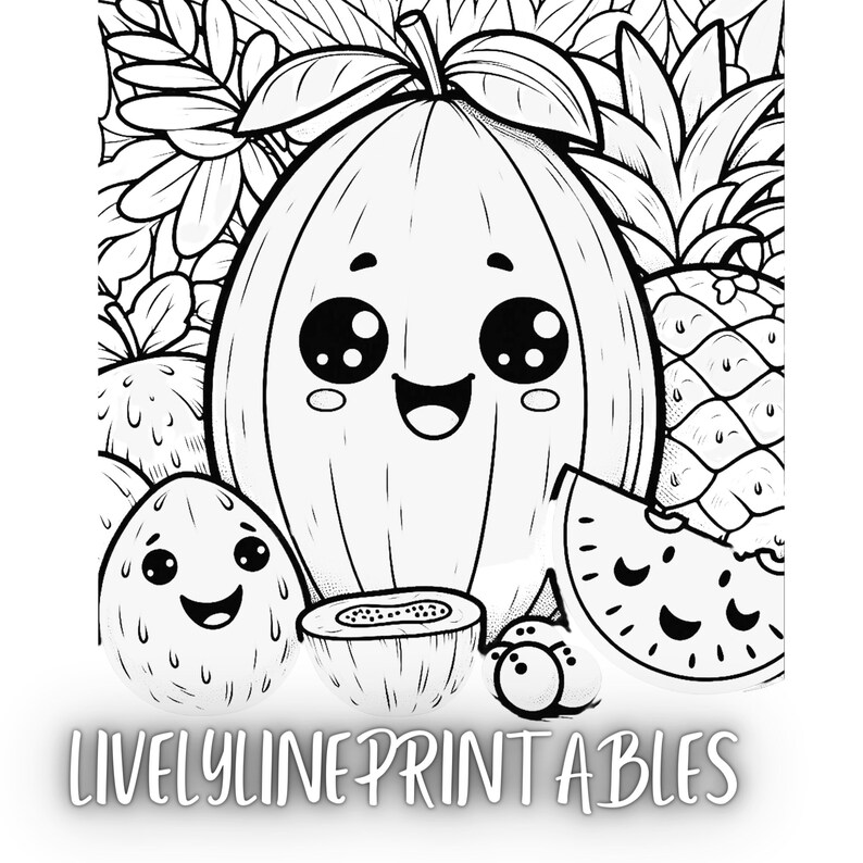 Op de afbeelding: Een zwart-witte lijntekening van een verscheidenheid aan fruit met schattige cartoongezichten. Het fruit omvat een ​​watermeloen, een ananas, een papaja, een kiwi en een kokosnoot. De tekening is op een witte achtergrond en bevat de tekst "LIVELYLINE PRINTABLES".