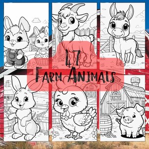 May include: A colouring book featuring 47 farm animals. The cover shows a black and white illustration of a bunny, goat, donkey, chicken, and pig. The title of the book is "47 Farm Animals".