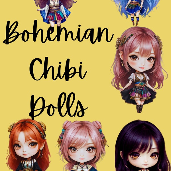 Bohemian Styled Chibi Dolls- 6 different designs, Downloadable Image Files