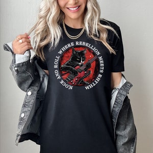 Rock and Roll T-shirt, Where Rebellion Meets Rhythm, Cat Playing Guitar, Cat Lover, Funny T-Shirt, Rock Shirt, Gift for Cat Lover, Musician