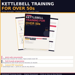 Puede incluir: Una guía digital titulada "Kettlebell Training for Over 50s". La portada es azul oscuro con texto rojo y amarillo. La guía promete movimientos seguros para las articulaciones, un programa de 8 semanas y descarga instantánea en PDF.