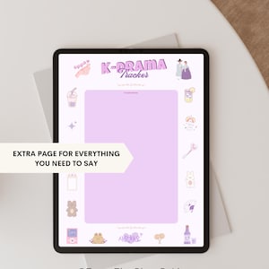 K&ouml;nnte beinhalten: Ein digitales Tablet mit einem K-Drama Tracker mit hellviolettem Hintergrund und dekorativen Symbolen. Der Text "K-DRAMA Tracker" ist lila. Das Tablet liegt auf einer wei&szlig;en Oberfl&auml;che. Der Text auf dem Tablet lautet "EXTRA PAGE FOR EVERYTHING YOU NEED TO SAY".