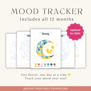 Può includere: Un tracker dell'umore stampabile per il 2026 con 12 pagine mensili che presentano illustrazioni uniche come una luna crescente, pianeti e cristalli. Ogni pagina include una legenda a colori per tracciare le emozioni quotidiane, con il testo MOOD TRACKER.