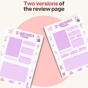 K&ouml;nnte beinhalten: Zwei K-Drama-Rezensionsseiten mit einem hellvioletten und wei&szlig;en Design. Die Seiten haben Abschnitte f&uuml;r Titel, Zusammenfassung und Notizen, mit dekorativen Elementen wie Bubble Tea, einem Paar in traditioneller koreanischer Kleidung und dem Text "K-Drama Tracker."