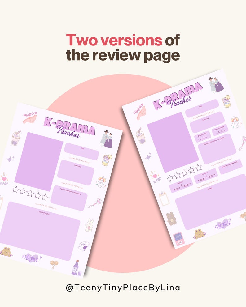 K&ouml;nnte beinhalten: Zwei K-Drama-Rezensionsseiten mit einem hellvioletten und wei&szlig;en Design. Die Seiten haben Abschnitte f&uuml;r Titel, Zusammenfassung und Notizen, mit dekorativen Elementen wie Bubble Tea, einem Paar in traditioneller koreanischer Kleidung und dem Text "K-Drama Tracker."