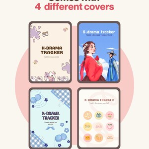 K&ouml;nnte beinhalten: Das Bild zeigt vier K-Drama-Tracker-Cover. Jedes Cover hat ein anderes Design, darunter Illustrationen von Katzen, einer Frau in traditioneller koreanischer Kleidung und andere niedliche Grafiken. Der Text "K-DRAMA TRACKER" wird auf jedem Cover mit dem Slogan "Track K-dramas you watched" angezeigt.