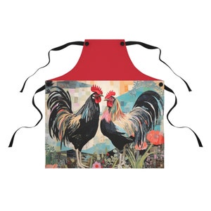 Farm Apron in Dark Red: Colorful Roosters with Flowers | For Cooks, Bakers, Chefs, Farmers | Farmhouse Style | Gift for Mom, Women, Girls