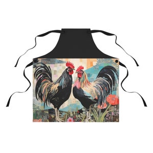 Farm Apron in Black: Colorful Roosters with Flowers | For Cooks, Bakers, Chefs, Farmers | Farmhouse Style | Gift for Mom, Women, and Girls
