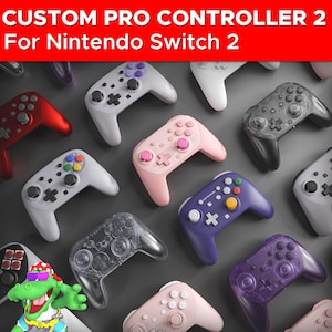 May include: A collection of Custom Pro Controller 2 gamepads for Nintendo Switch 2. The controllers are in various colors, including red, pink, gray, and purple. The image features the text "CUSTOM PRO CONTROLLER 2 For Nintendo Switch 2" in a red banner.