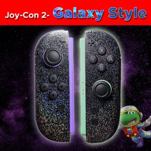 May include: A pair of game controllers with a black glittery galaxy-style finish. The left controller features a light purple side rail, while the right controller has a light green side rail. The text Joy-Con 2- Galaxy Style is visible.