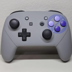 May include: A gray Nintendo Switch controller with a custom faceplate featuring purple and blue buttons labeled X, Y, B, and A.