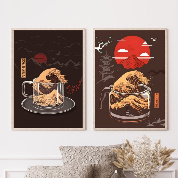 Japanese Coffee Poster, Japanese Wave Poster, Japanese Wave Coffe Art, Coffee Mug Print, Digital Download