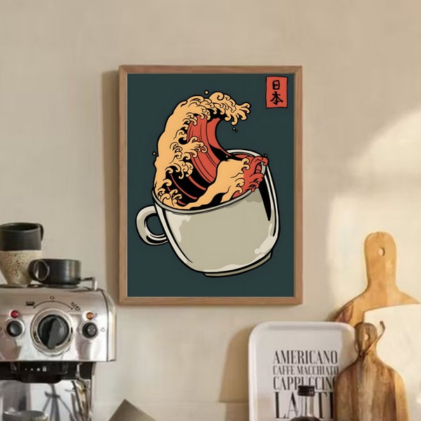 Coffee Poster, The Great Wave Coffee Poster, Great Wave Poster, Japanese Great Wave Print, Japanese Coffee Poster, Digital Download