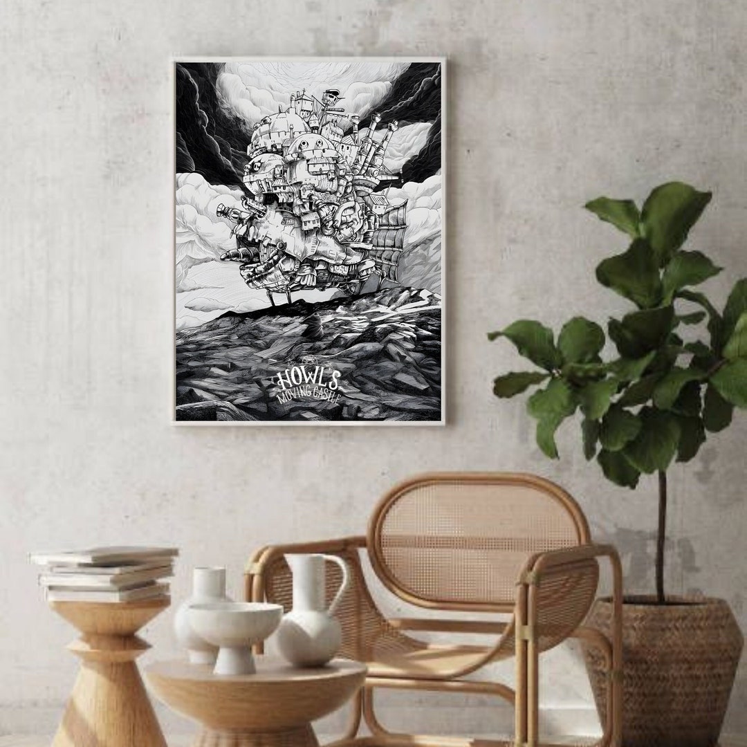 Howl's Moving Castle Poster, Black and White Howl's Moving Castle Print ...