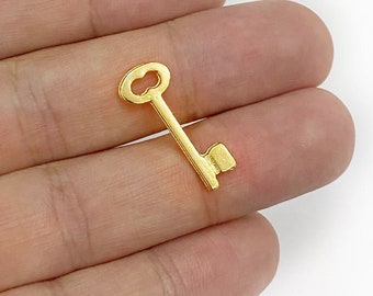 10x25mm 2 Pcs Gold Plated Key Charms, earrings, Necklace and Braceled Findings, Mini Key of Heart, Gold Tiny Key, Key Pendant